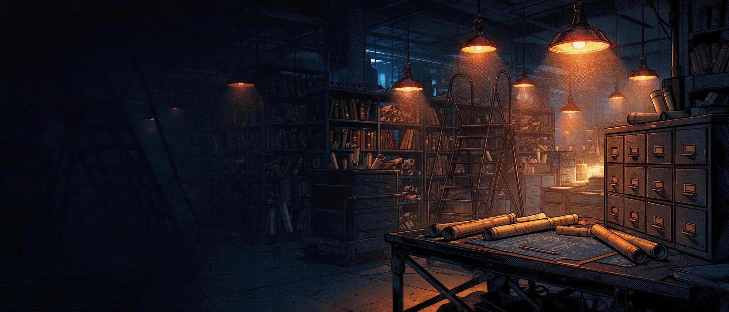 A technical archive at night: shelves of bound manuals, tubes of drawings and a drafting table