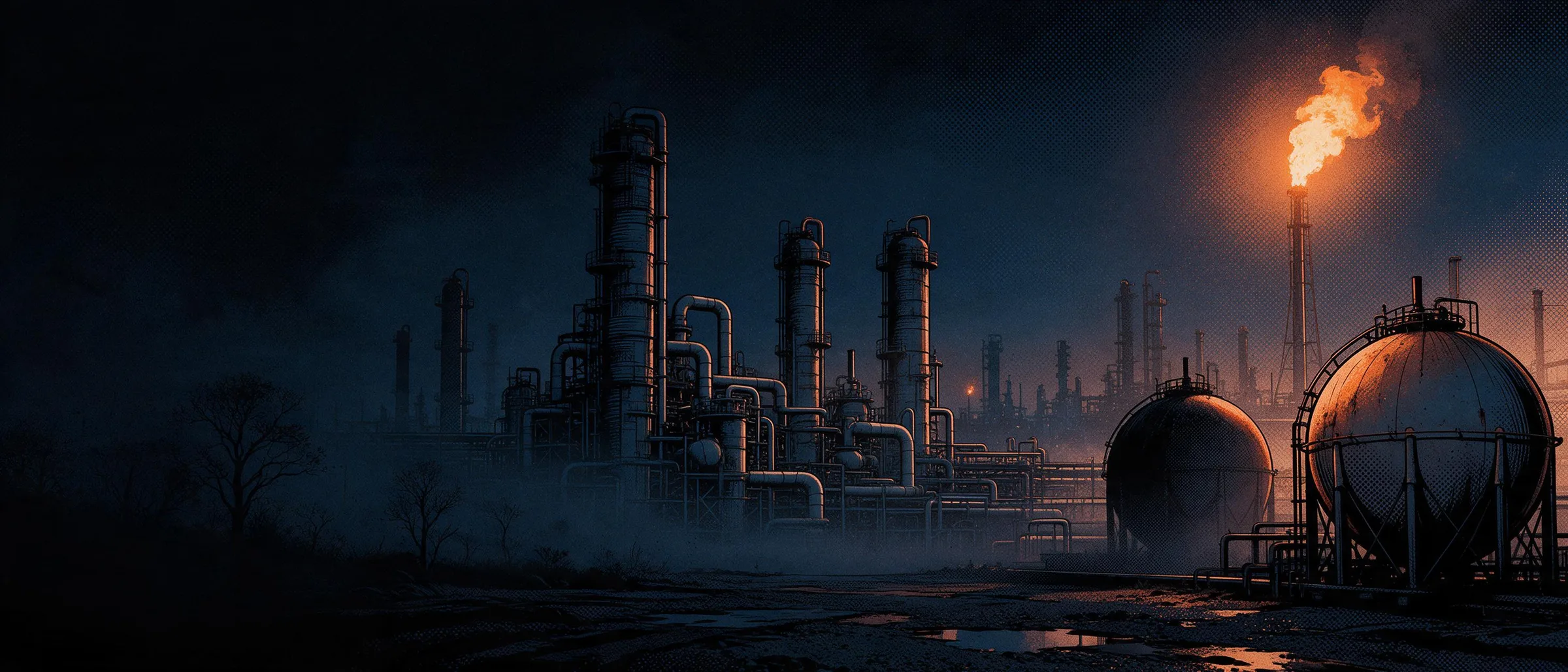A refinery at night: distillation columns, spherical storage tanks and a lit flare stack against the sky