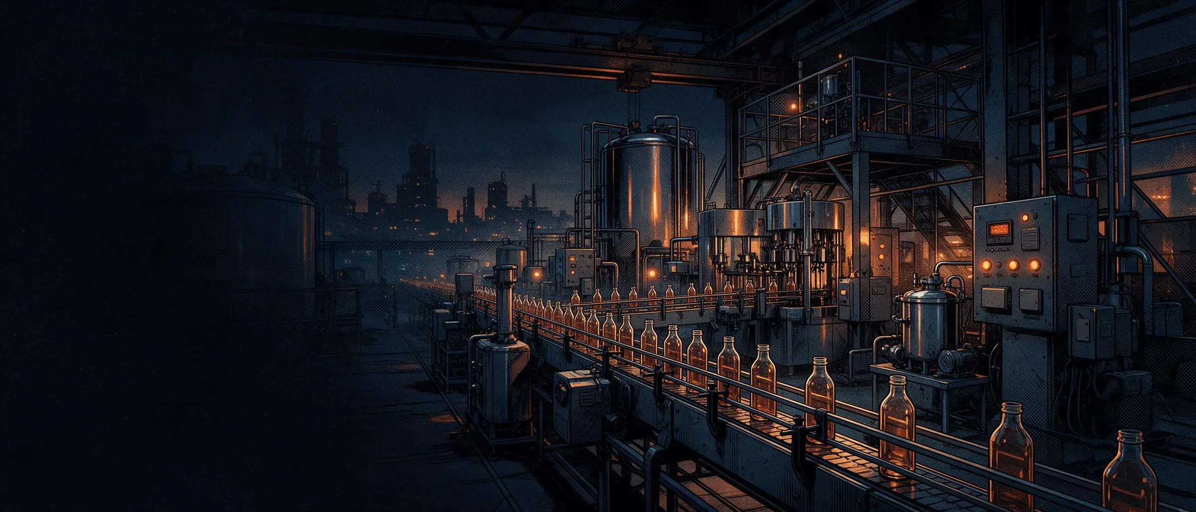 A bottling line at night: bottles moving along the conveyor, stainless steel tanks, lit control panels and a refinery skyline beyond