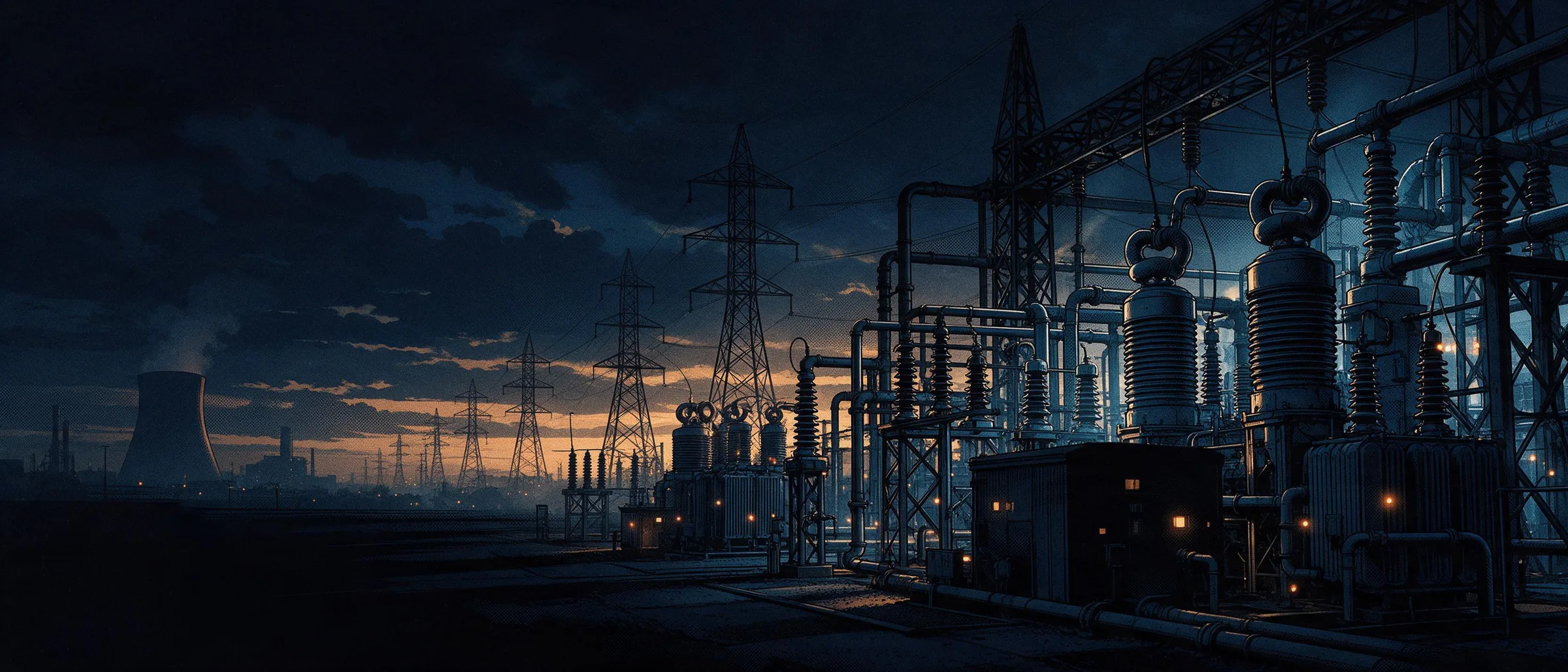 An electrical substation at dusk: transformers and insulators in the foreground, transmission towers and a cooling tower on the horizon