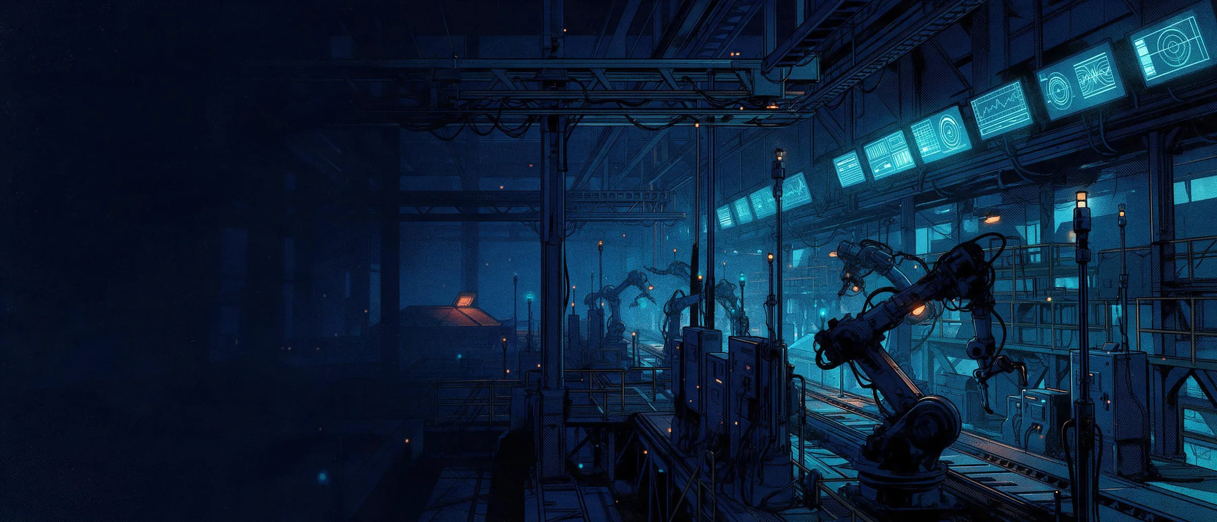 A plant floor at night, with robotic arms in a row and a wall of glowing blue data screens above them