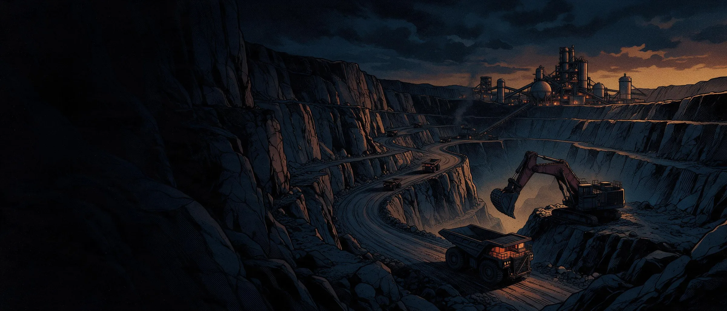 An open-pit mine at dusk, with benched terraces, a haul truck and an excavator, and the processing plant on the rim