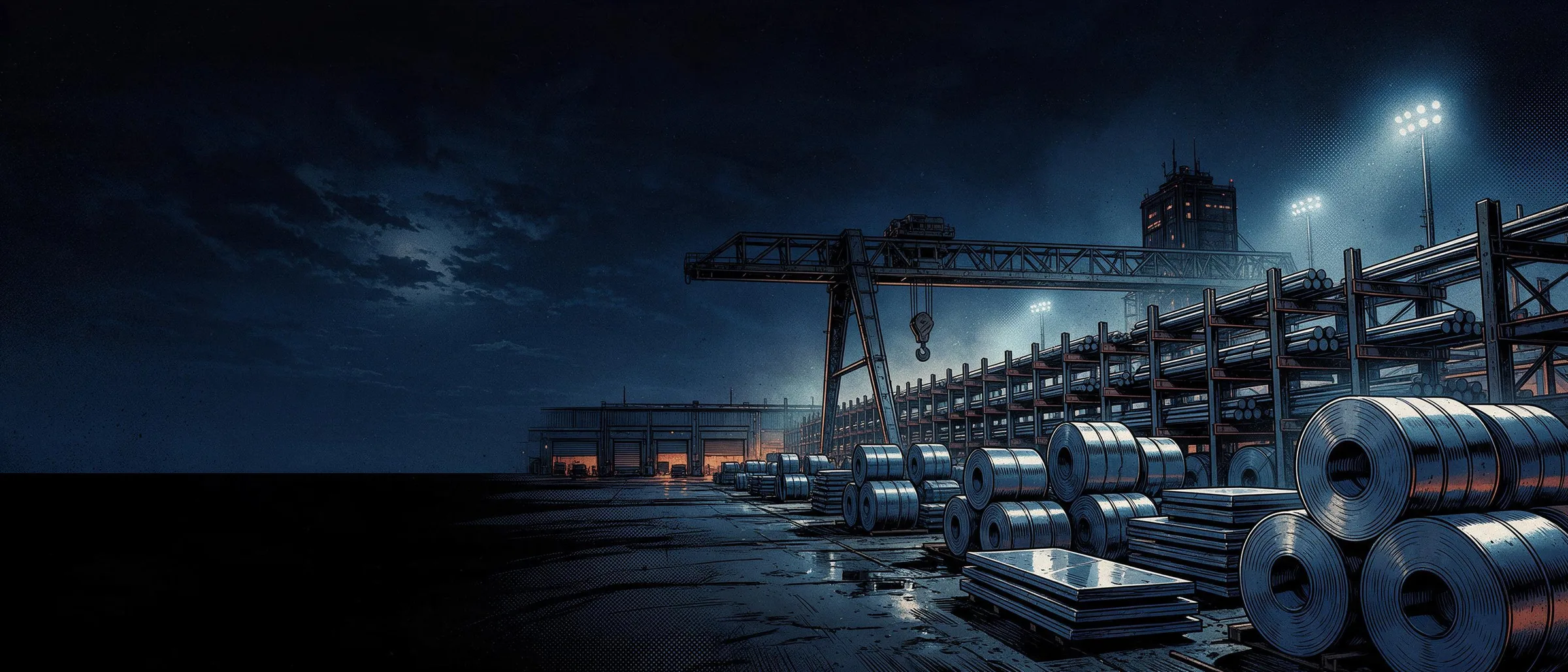 A steel stockyard at night: coils and plate stacked under a gantry crane, with floodlight masts behind