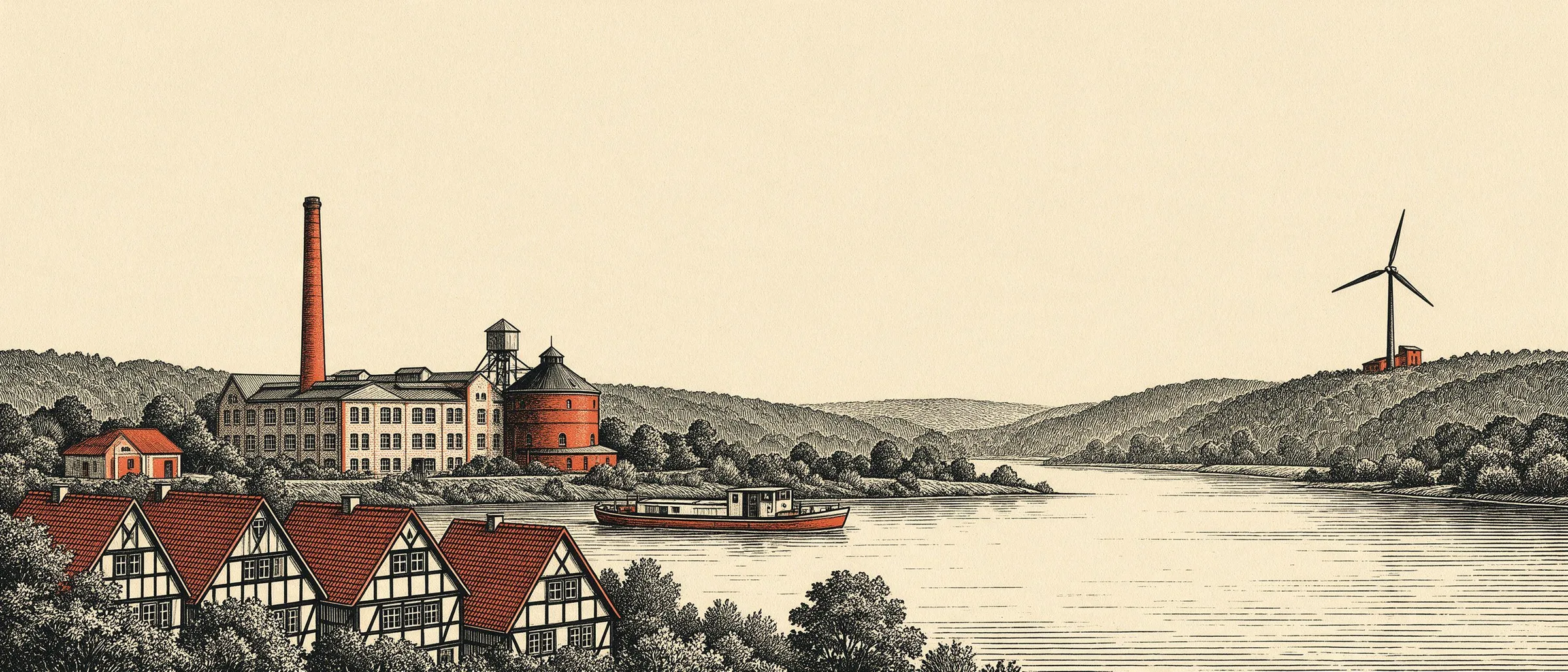 A line engraving of a river valley: half-timbered houses, a brick factory with a chimney, a barge on the water and a wind turbine on the ridge