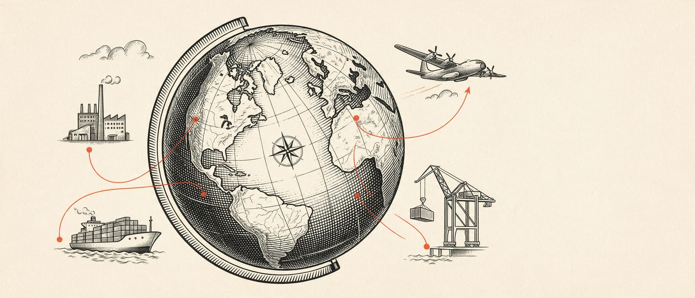 A line engraving of a globe with routes drawn out to a factory, a container ship, a cargo plane and a port crane