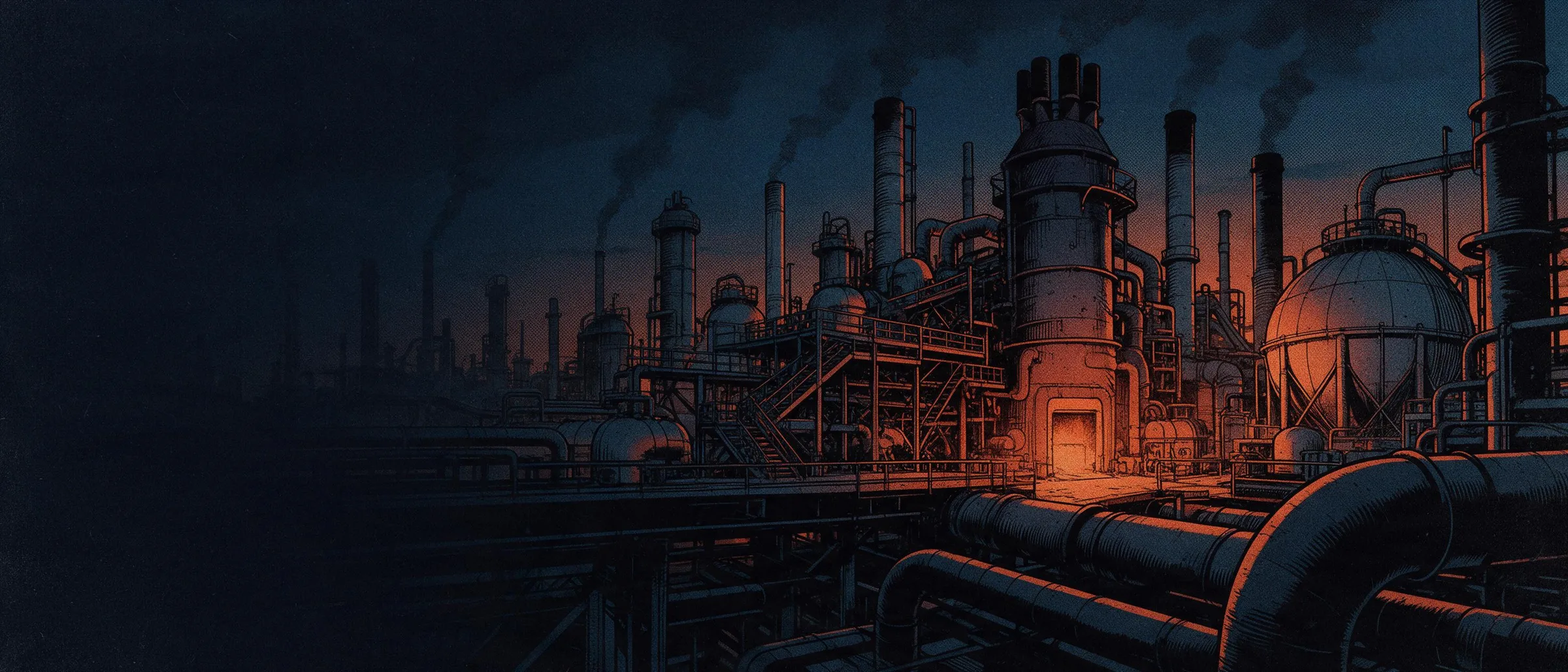 An industrial plant at dusk, with steel piping, stacks and metal walkways