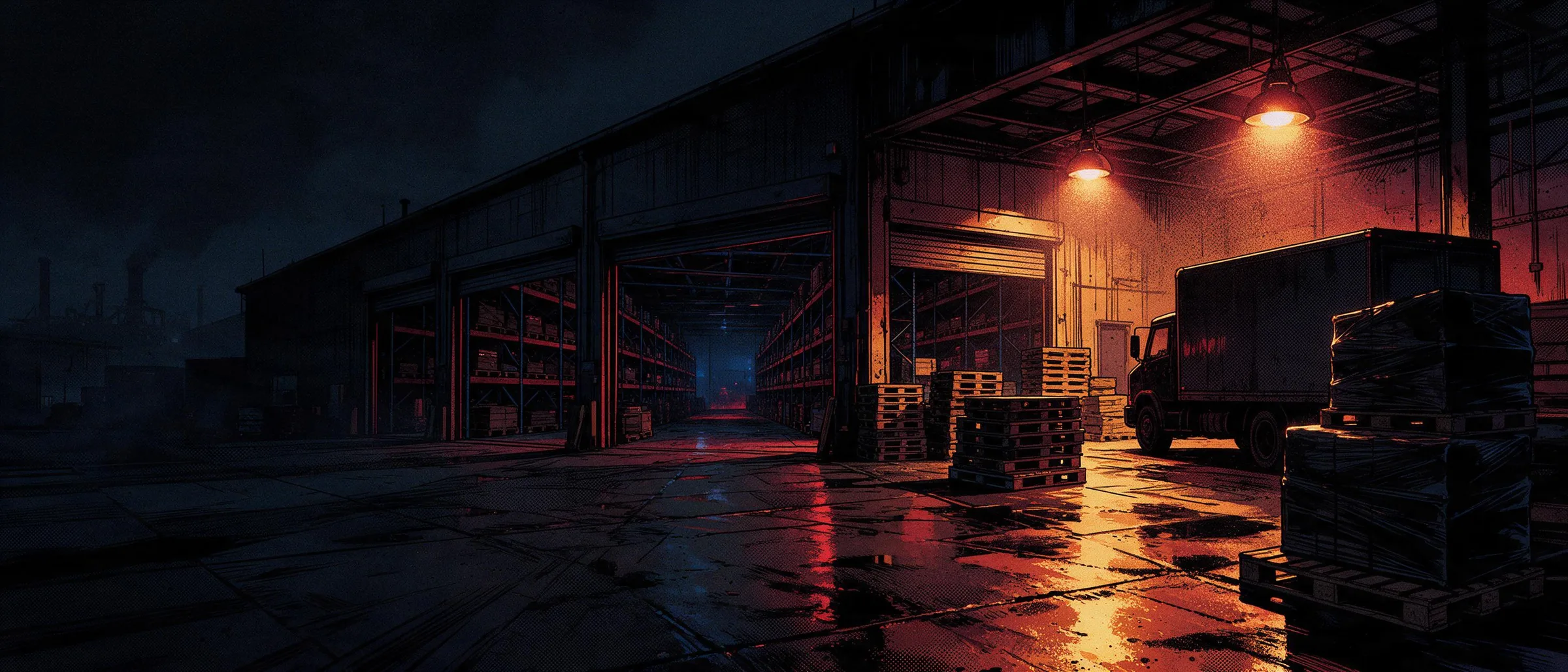A warehouse loading dock at night, with stacked pallets and a freight truck
