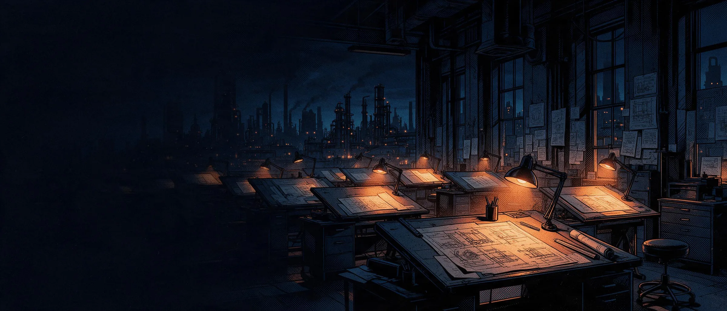 A drafting room at night, with lit desk lamps over drawing boards and a window onto an industrial skyline